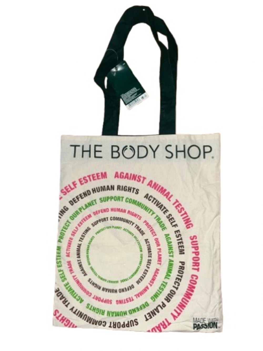NWT The Body Shop Bilingual Canvas Tote Bag For Life with Pink & Green Print